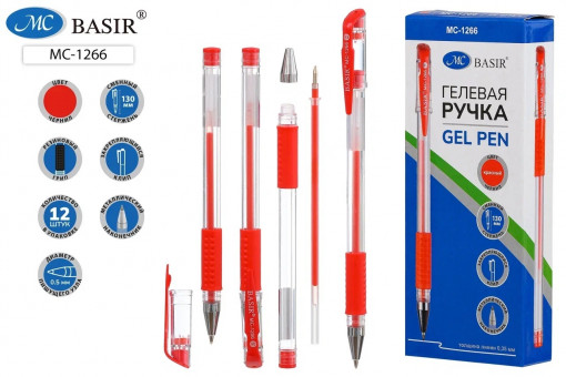 Гелевая ручка: прозрачный корпус, резиновый держатель, колпачок с цветным клипом /в цвет чернил/, диаметр пишущего узла - 0,5 mm; цвет чернил - красный.