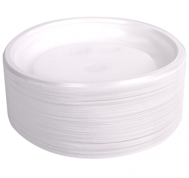 Одноразовые тарелки десертные, КОМПЛЕКТ 100 шт., пластик, d=165 мм, СТАНДАРТ, белые, ПП, холодное/горячее, LAIMA, 607388